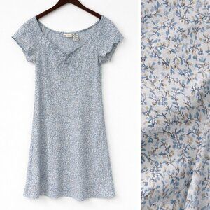 Vintage Y2K Faded Glory Blue Floral Cap Sleeve Midi Dress Size M Coquette